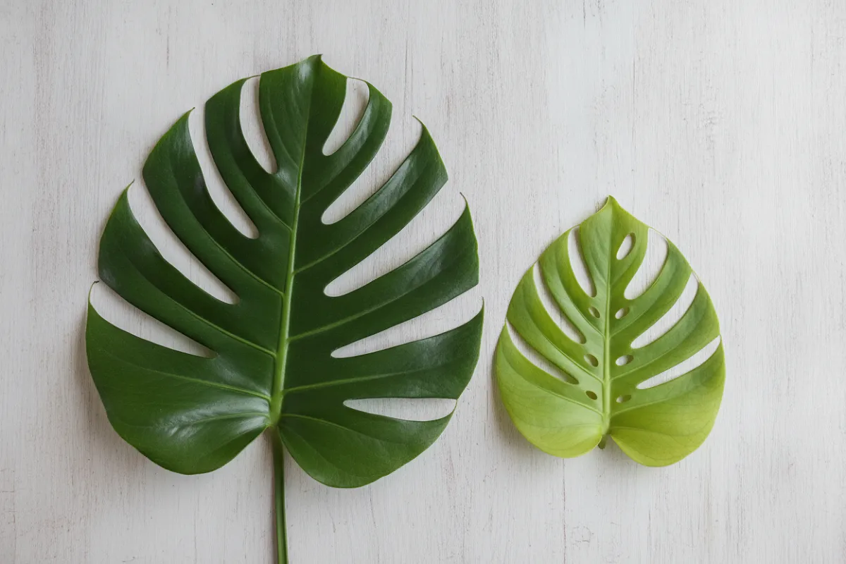 Feuille de Monstera deliciosa et feuille de Monstera adansonii côte à côte, découpes différentes.
