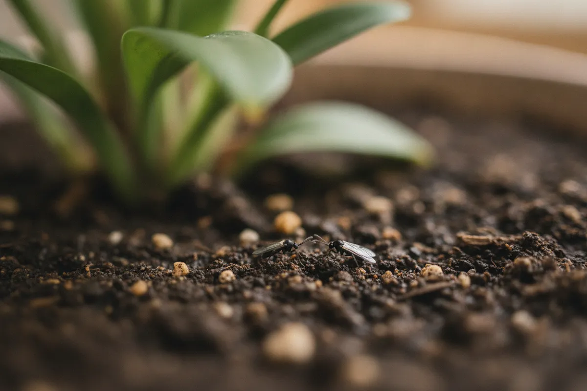 Moucherons dans les plantes : petites mouches noires sur la surface du terreau d'une plante d'intérieur.