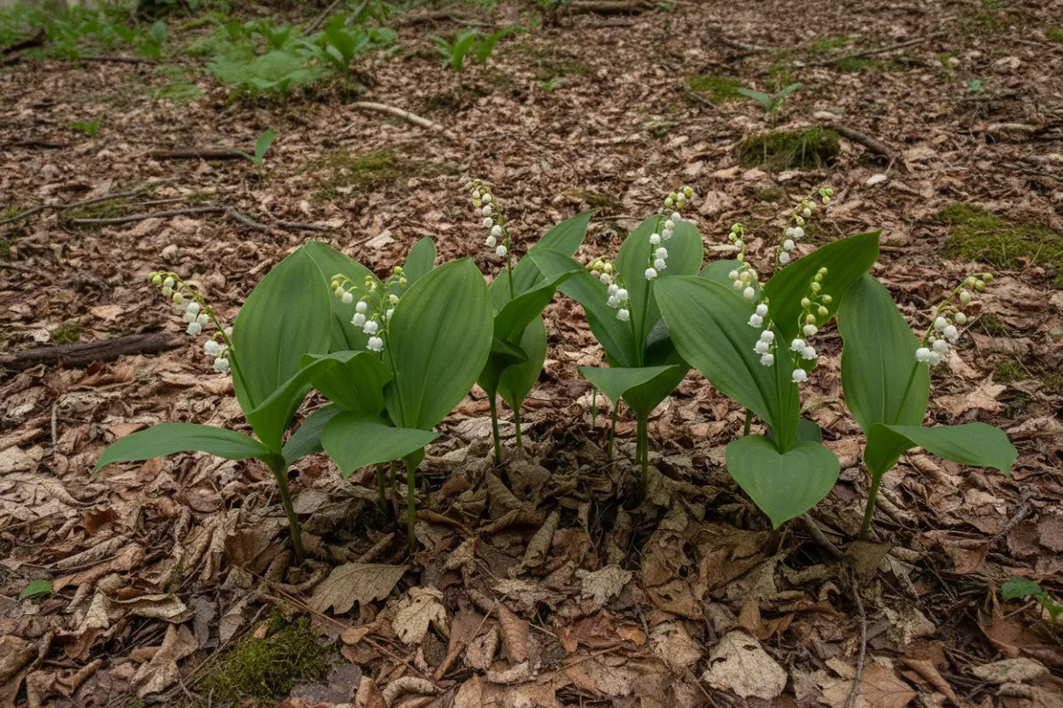 Brins de muguet en fleur dans un sous-bois, clochettes blanches tournées vers le sol sous les feuilles.