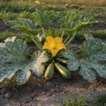 Distinguer oïdium de la courgettes et marbrures blanches naturelles 3 Pied de courgette en fin d'été dont les feuilles basses portent le dépôt blanc de l'oïdium, deux courgettes mûres au pied.