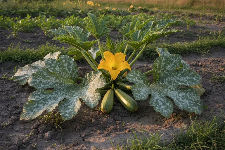 Pied de courgette en fin d'été dont les feuilles basses portent le dépôt blanc de l'oïdium, deux courgettes mûres au pied.