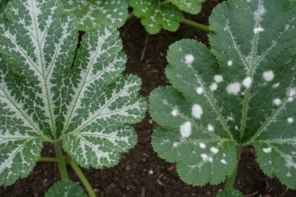 Feuille de courgette à marbrures argentées naturelles à côté d’une feuille couverte de l’oïdium de la courgette.