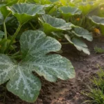 L'oïdium ne se transmet pas d'une famille de plantes à l'autre 3 Rangée de courgettes dont les feuilles portent le dépôt blanc poudreux de l'oïdium, un matin de fin d'été.