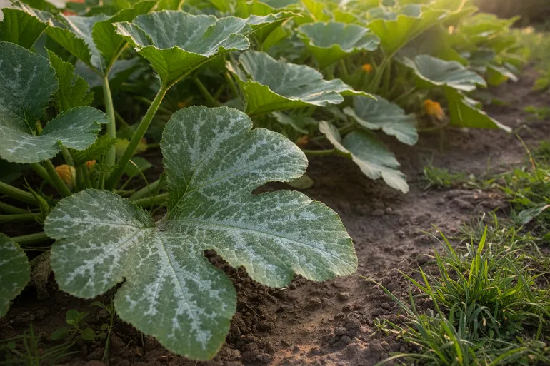 Rangée de courgettes dont les feuilles portent le dépôt blanc poudreux de l'oïdium, un matin de fin d'été.