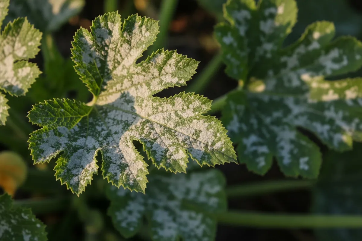 Feuille de courgette couverte de la poudre blanche farineuse de l’oïdium, nervures encore vertes.