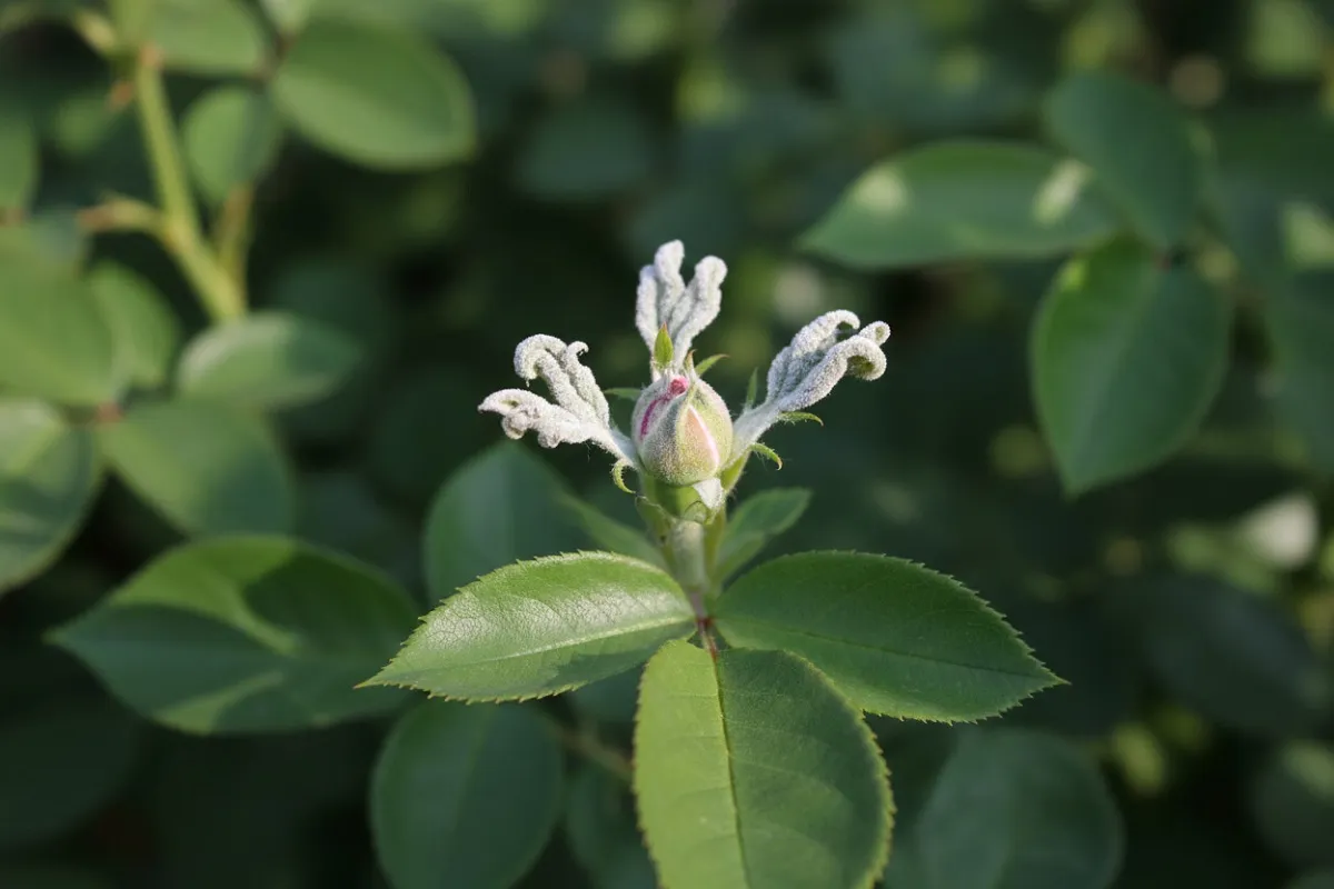 Jeunes pousses de rosier couvertes du feutrage blanc farineux de l’oïdium du rosier, feuilles déformées.