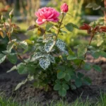 L’oïdium du rosier n’a pas besoin de pluie pour s’installer 2 Rosier dont les jeunes pousses et les boutons sont couverts du feutrage blanc de l'oïdium.