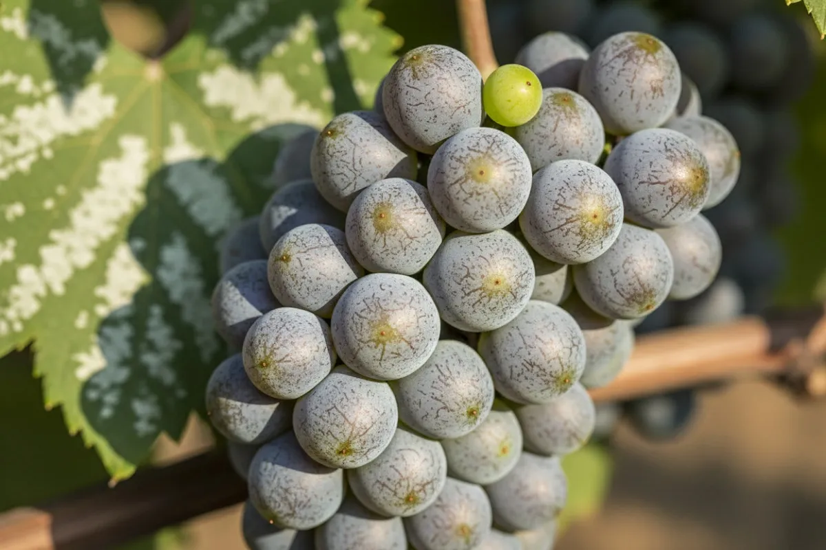 Grappe de raisin vert couverte de la poussière grise de l’oïdium de la vigne, deux grains fendus.