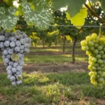 Treille dont une grappe de raisin vert est couverte de la poussière grise de l'oïdium, à côté d'une grappe saine.