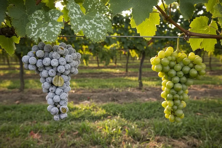 Treille dont une grappe de raisin vert est couverte de la poussière grise de l'oïdium, à côté d'une grappe saine.