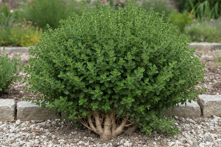 Touffe d'origan établie au jardin, petites feuilles rondes et tiges courtes.