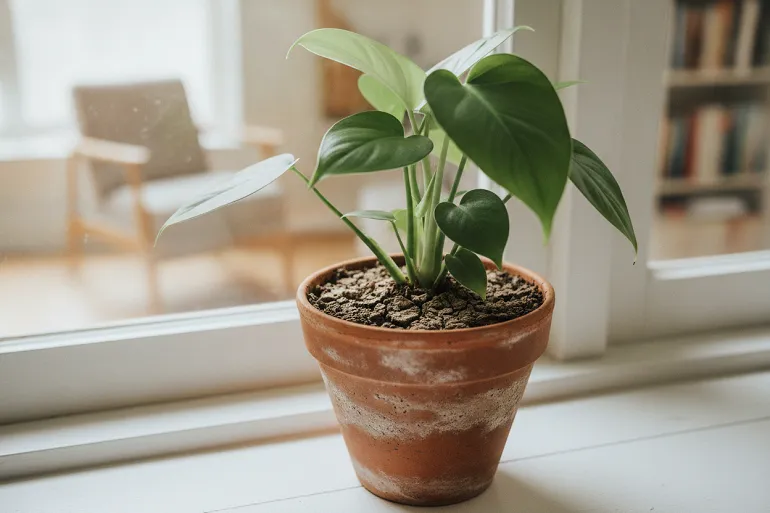 Plante d'intérieur en pot dont la surface du terreau est sèche, condition qui empêche les moucherons