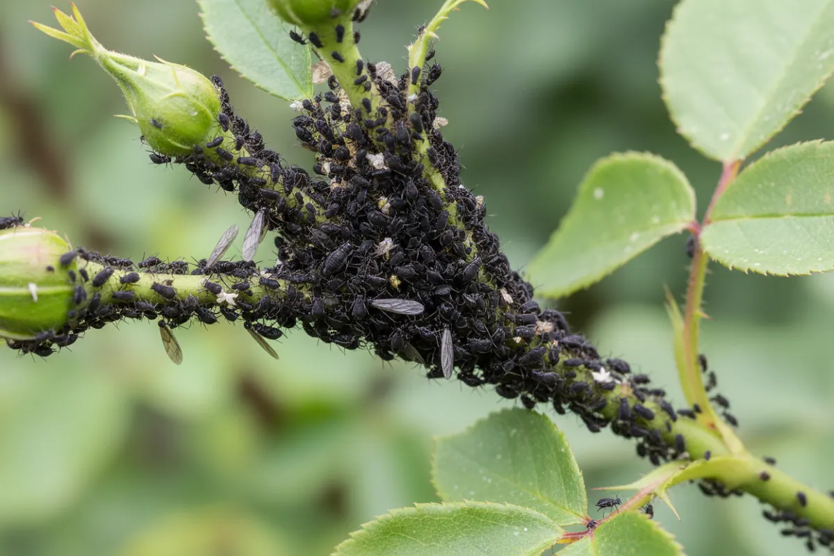 Anti puceron naturel : colonie de pucerons noirs serrés sur une jeune tige de rosier.