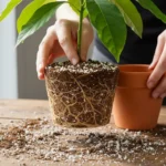 Avocatier en pot rempoté dans un substrat drainant, racines et perlite visibles.