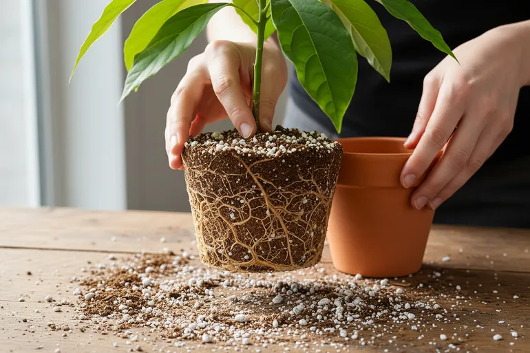 Avocatier en pot rempoté dans un substrat drainant, racines et perlite visibles.