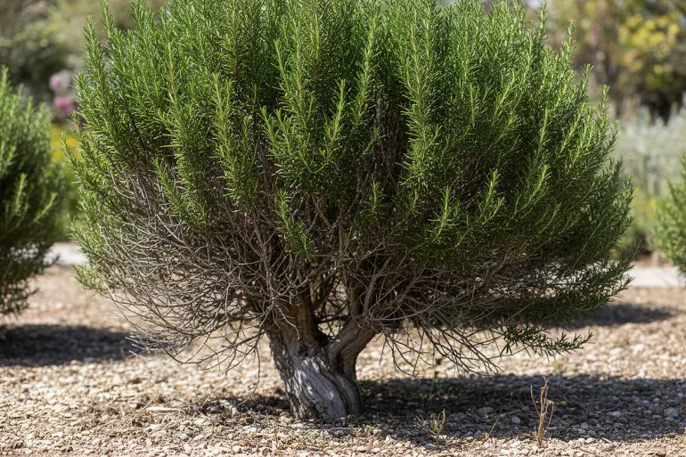 Romarin adulte au jardin, base ligneuse grise et pousses vertes au sommet.