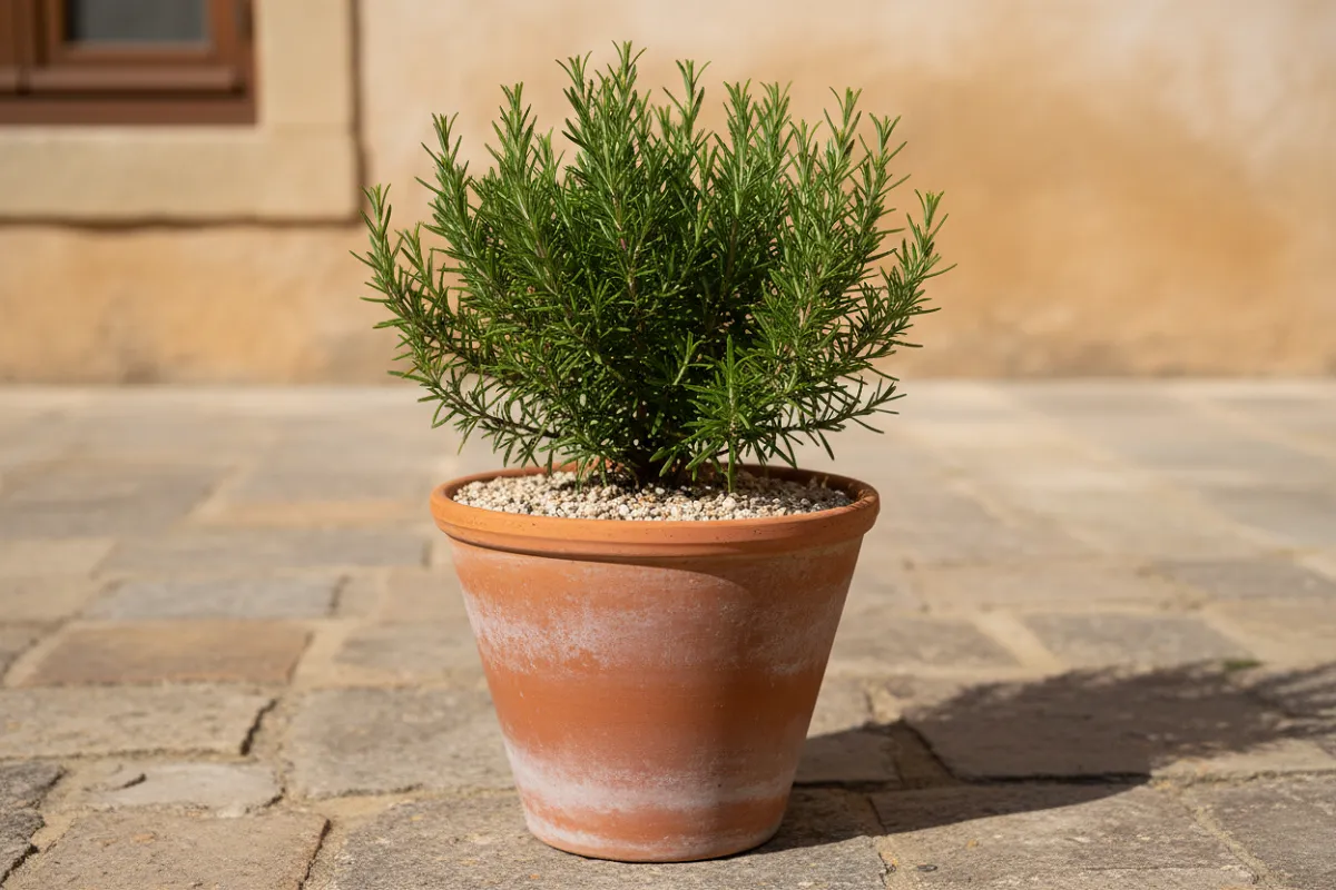 Romarin en pot de terre cuite sur une terrasse, substrat sableux et sans soucoupe.