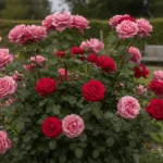 Rosier buisson en pleine floraison dans un jardin entretenu