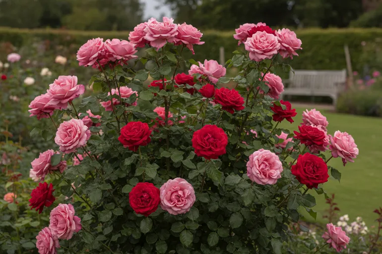 Rosier buisson en pleine floraison dans un jardin entretenu