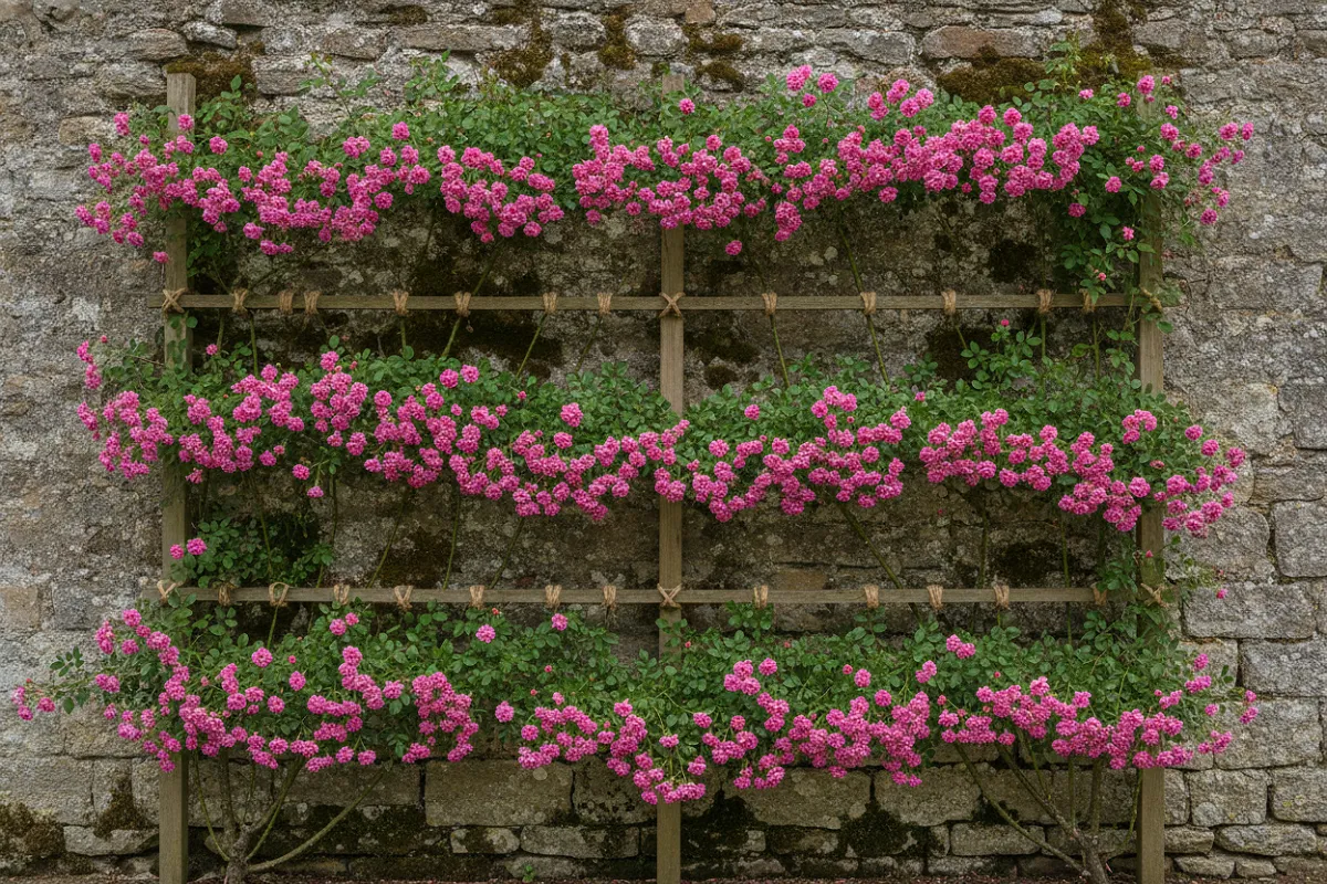 Rosier grimpant palissé à l'horizontale sur un mur, tiges attachées et fleurs sur toute la longueur.