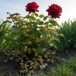 Rosier dont les feuilles basses portent des taches sombres et jaunissent, deux roses saines au sommet.