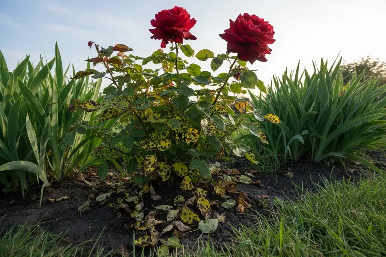 Rosier dont les feuilles basses portent des taches sombres et jaunissent, deux roses saines au sommet.