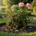 Rosier : une feuille tachée ne redevient jamais verte 2 Rosier dont les feuilles basses portent des taches noires aux bords frangés, quelques feuilles tombées au pied.