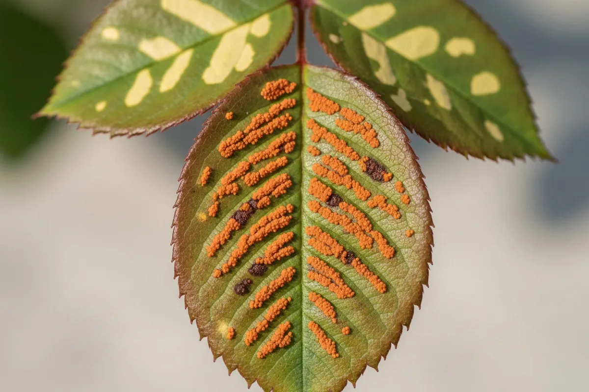 Dessous d’une feuille de rosier couvert des pustules orange poudreuses de la rouille du rosier.