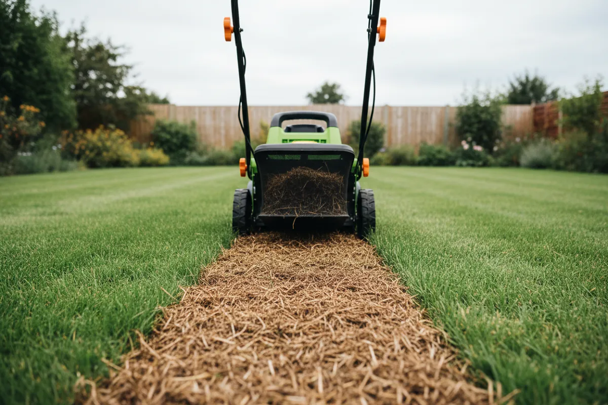 Scarifier une pelouse : scarificateur en action, feutre brun remonté à la surface du gazon.