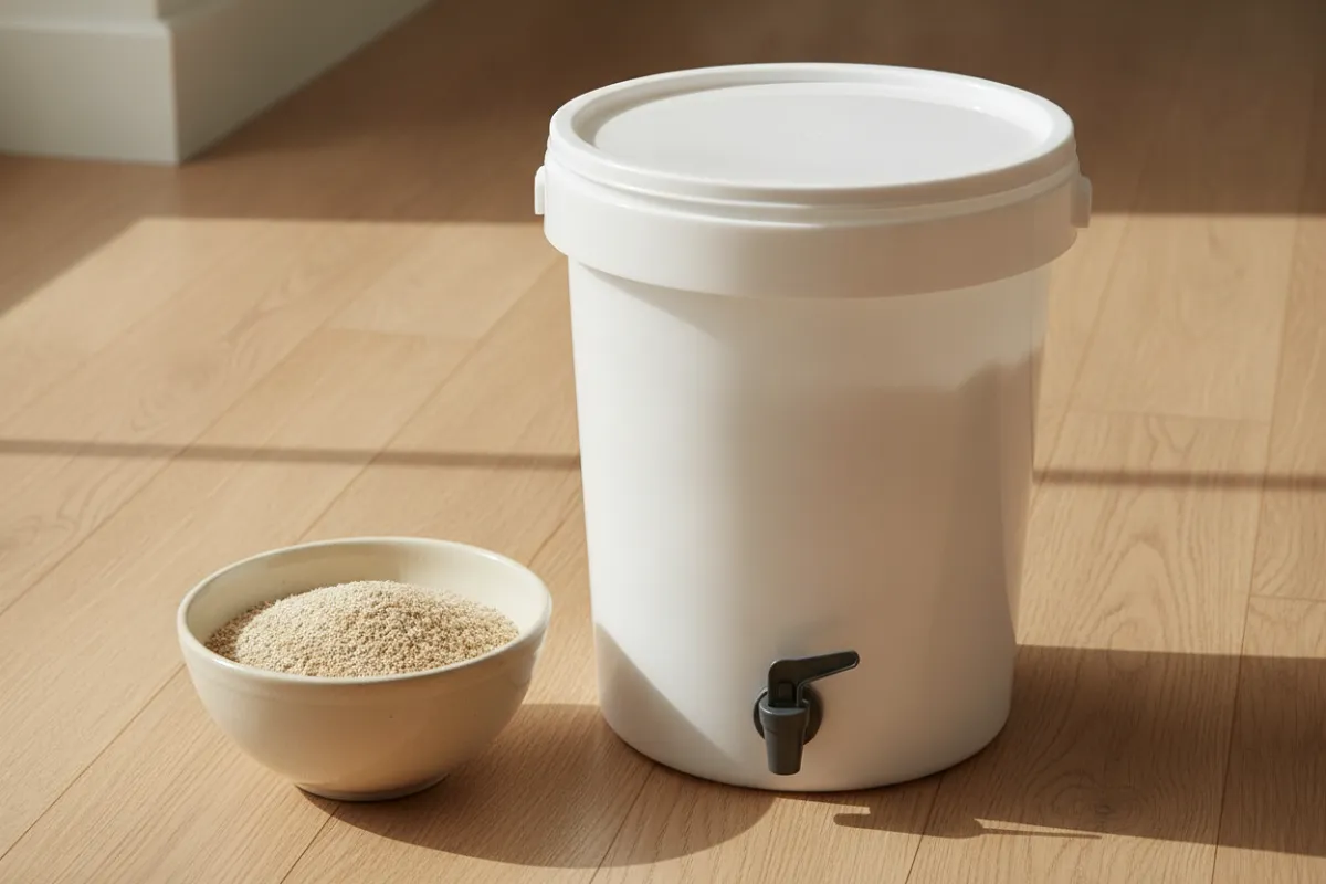 Seau bokashi fermé avec son robinet, à côté d'un bol de son activé.