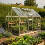 Serre de jardin ouverte au soleil dans un potager, lucarne de toit relevée