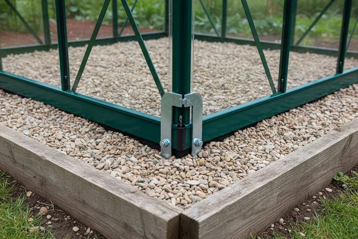 Base d une serre de jardin posée sur un lit de gravier compacté bordé de planches, ancrages visibles au sol.
