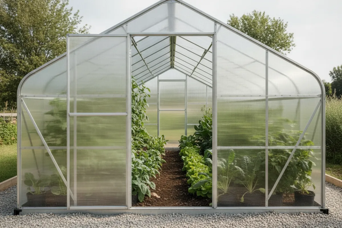 Serre de jardin à parois de polycarbonate alvéolaire posée sur une embase, porte ouverte sur des rangs de légumes.