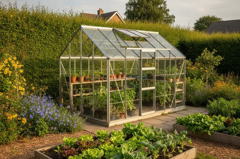 Serre de jardin ouverte au soleil dans un potager, lucarne de toit relevée