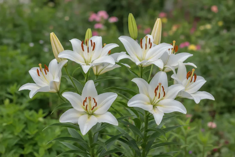 Lys blancs épanouis dans un jardin, tépales étalés et étamines visibles.