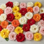 Roses fraîches de plusieurs couleurs posées ensemble sur une table en bois clair