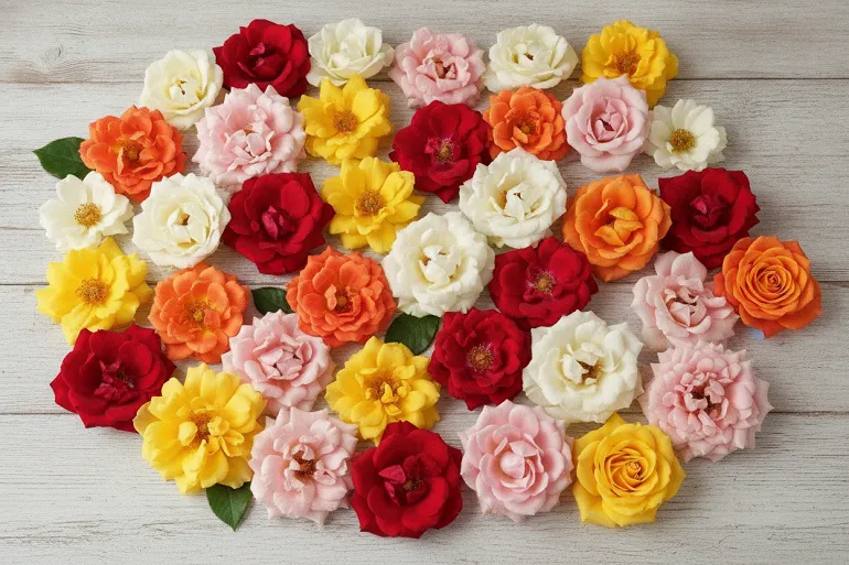Roses fraîches de plusieurs couleurs posées ensemble sur une table en bois clair