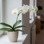 Orchidée blanche en pot sur un rebord de fenêtre, hampe arquée en pleine floraison