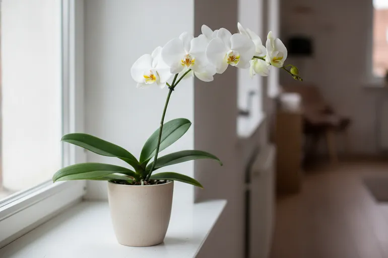 Orchidée blanche en pot sur un rebord de fenêtre, hampe arquée en pleine floraison