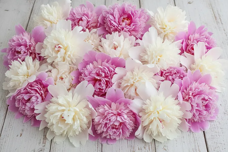 Pivoines roses et blanches épanouies posées sur une table en bois clair