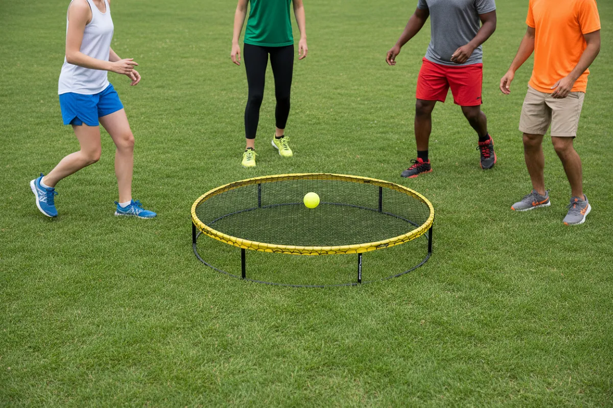 Quatre joueurs différents répartis librement autour du filet de spikeball, en mouvement.