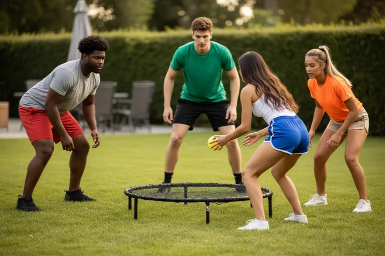 Quatre joueurs répartis autour d'un filet de spikeball sur une pelouse de jardin.