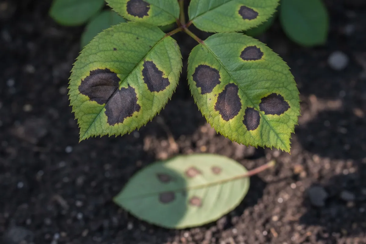 Feuilles basses d’un rosier portant des taches noires aux bords frangés et un jaunissement autour.