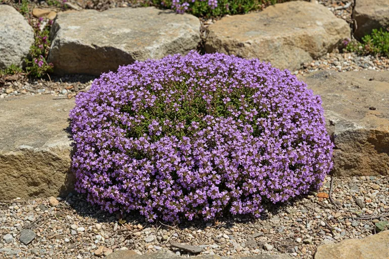 Pied de thym en fleurs installé entre des pierres dans une rocaille ensoleillée