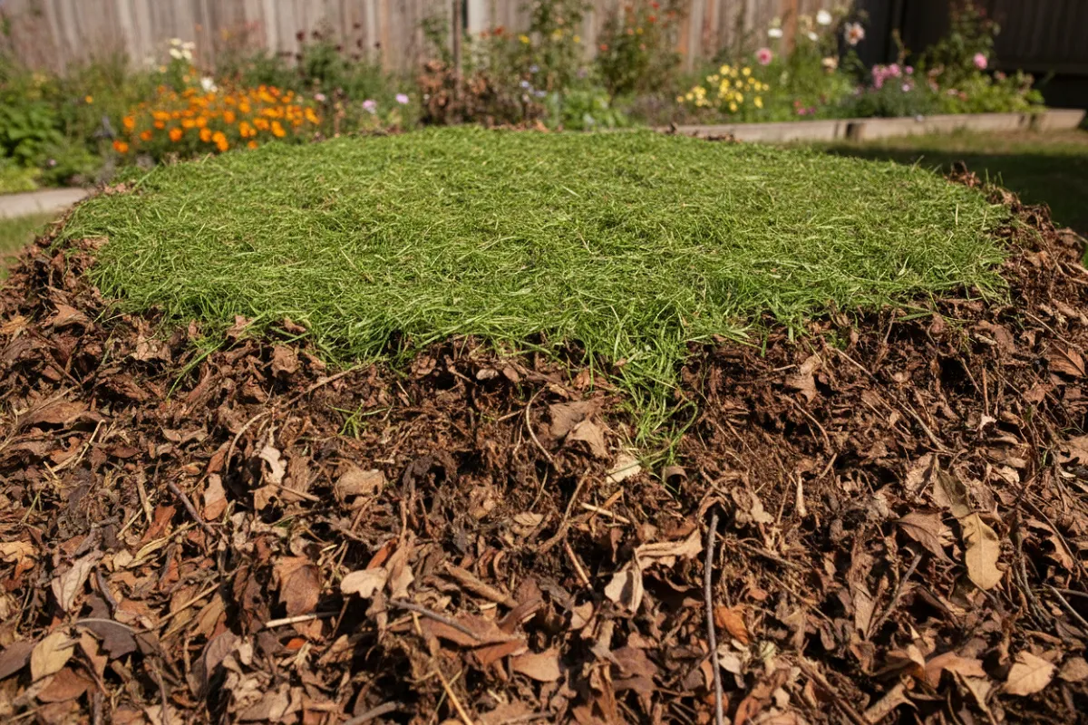 Couche de tonte fraîche étalée sur des feuilles mortes dans un composteur.
