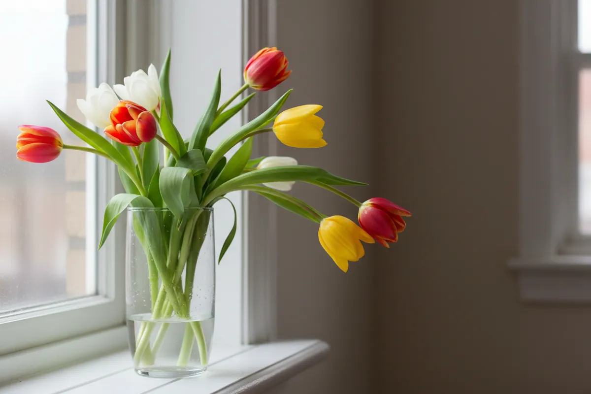 Bouquet de tulipes dans un vase en verre, tiges penchées vers la lumière d'une fenêtre.