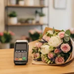 Terminal de paiement posé sur le comptoir d'un fleuriste, à côté d'un bouquet emballé.