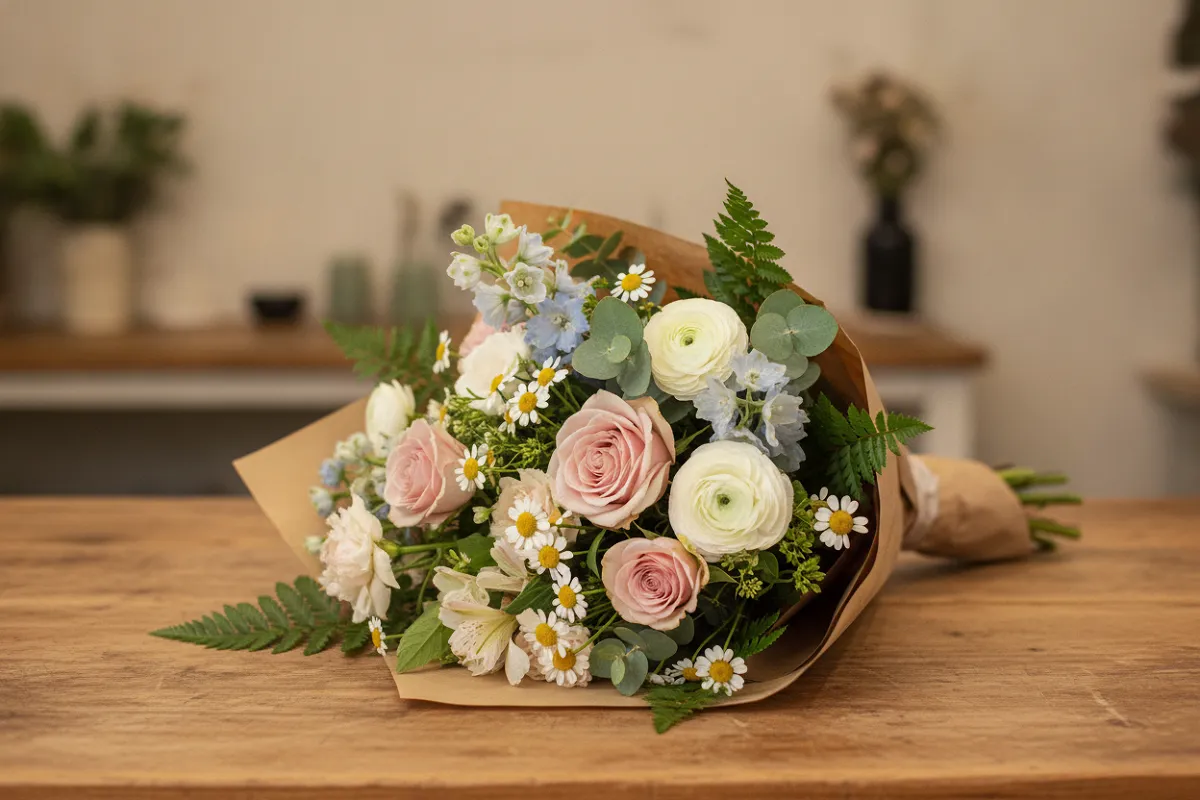 Bouquet de fleurs fraîches enveloppé de papier kraft posé sur le comptoir d'une boutique.