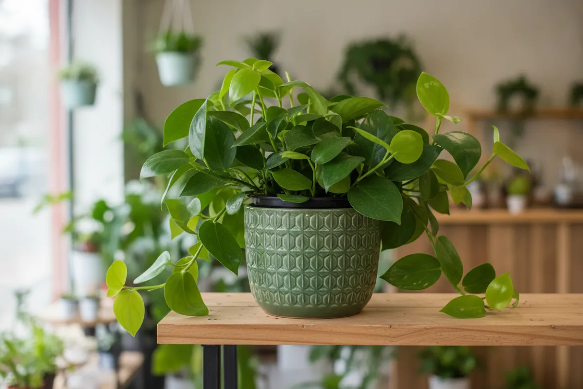 Plante verte en pot placée dans un cache-pot en céramique décorative, sur une étagère de boutique.