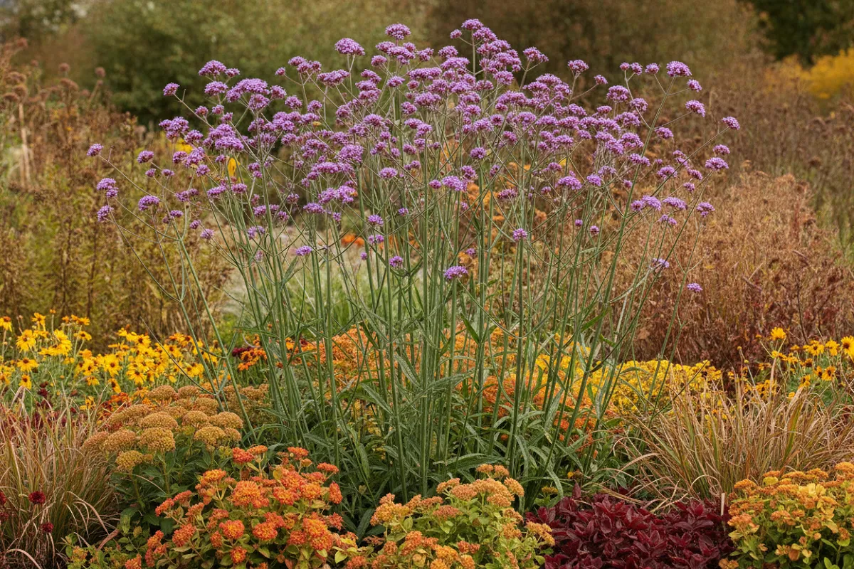 Verveine de Buenos Aires en massif, tiges fines et hautes portant des fleurs violettes.
